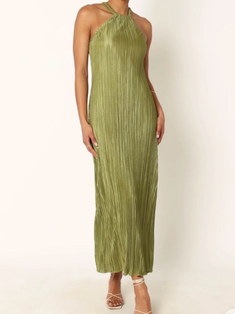 Petal & Pup Olive Green Pleated Maxi Halter Dress
